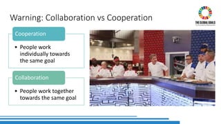 Warning: Collaboration vs Cooperation
• People work
individually towards
the same goal
Cooperation
• People work together
towards the same goal
Collaboration
 