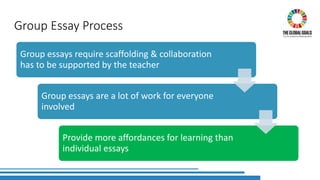 Group Essay Process
Group essays require scaffolding & collaboration
has to be supported by the teacher
Group essays are a lot of work for everyone
involved
Provide more affordances for learning than
individual essays
 