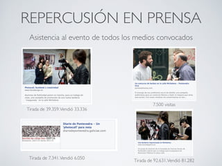 REPERCUSIÓN EN PRENSA
Asistencia al evento de todos los medios convocados
Tirada de 39.359.Vendió 33.336
Tirada de 92.631.Vendió 81.282
Tirada de 7.341.Vendió 6.050
7.500 visitas
 