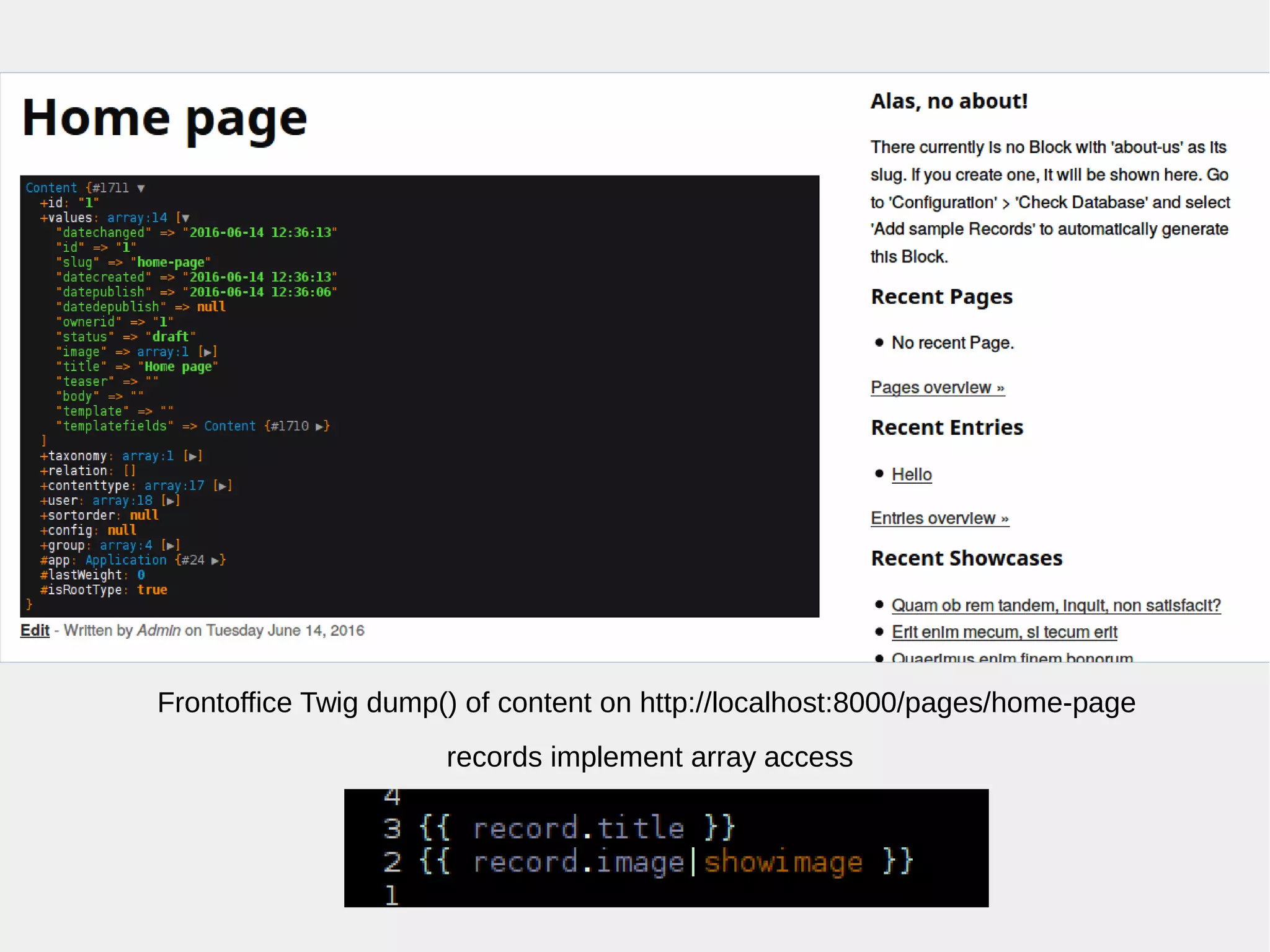 Frontoffice Twig dump() of content on http://localhost:8000/pages/home-page
records implement array access
 