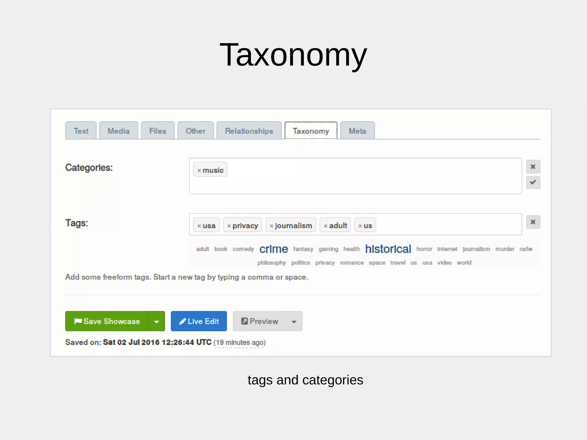 Taxonomy
tags and categories
 