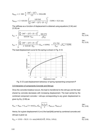 118	
N , 2 ∙ 300 ∙
π
4
∙
40 22
1.5
350.6 kN
δ , , 2 ∙ 0.0130 ∙
149	565
π
4
∙ 40 22 ∙ 25 ∙ 2
0.096 0.21	mm
The stiffness as a function of displacement is obtained using equations (3.34) and
(3.35) as:
k ,
π
4
∙ 40 22 ∙ 25 ∙ 2
0.0130 ∙ δ
384	373
δ
k ,
π
4
∙ 40 22 ∙ 25 ∙ 2 	
2 ∙ 0.0130 ∙ δ
δ 0.096 			
271	792
δ
∙ δ 0.096		
The load-displacement curve for the spring is shown in Fig. 9.12.
Fig. 9.12 Load-displacement behaviour of spring representing component P
3.6 Interaction of components Concrete and Stirrups
Once the concrete breakout occurs, the load is transferred to the stirrups and the load
shared by concrete decreases with increasing displacement. The load carried by the
combined component concrete + stirrups corresponding to any given displacement is
given by Eq. (3.59) as
N N , k , 	δ min	 n 	d ,
α 	f 	δ
2
;	N , , ;	N , ,
Hence, for a given displacement δ [mm] the load [kN] carried by combined concrete and
stirrups is given as
N 119.0 50.31 ∙ δ min	 448.023√δ; 393.6; 149.6
DM I
Eq. (3.34)
DM I
Eq. (3.35)
DM I
Eq. (3.59)
DM I
Eq. (3.59)
0
50
100
150
200
250
300
350
400
0 0.25 0.5 0.75 1 1.25 1.5 1.7
Axialload,N(kN)
Displacement, δ (mm)
 