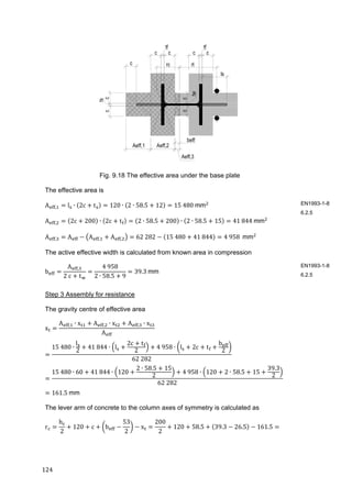 124	
Fig. 9.18 The effective area under the base plate
The effective area is
A , l ∙ 2c t 120 ∙ 2 ∙ 58.5 12 15	480	mm 	
A , 2c 200 ∙ 2c t 2 ∙ 58.5 200 ∙ 2 ∙ 58.5 15 41	844	mm 	
A , A A , A , 62	282 15	480 41	844 4	958		mm 	
The active effective width is calculated from known area in compression
b
A ,
2	c t
4	958
2 ∙ 58.5 9
39.3	mm
Step 3 Assembly for resistance
The gravity centre of effective area
x
A , ∙ x A , ∙ x A , ∙ x
A
15	480 ∙
l
2
41	844 ∙ l
2c t
2
4	958 ∙ l 2c t
b
2
62	282
15	480 ∙ 60 41	844 ∙ 120
2 ∙ 58.5 15
2
4	958 ∙ 120 2 ∙ 58.5 15
39.3
2
62	282
161.5	mm	
The lever arm of concrete to the column axes of symmetry is calculated as
r
h
2
120 c b
53
2
x
200
2
120 58.5 39.3 26.5 161.5 	
EN1993-1-8
6.2.5
EN1993-1-8
6.2.5
 