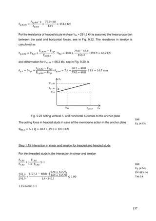 137	
F , ,
F , , ∙ a
δ ,
79.0 ∙ 80
13.9
454.3 kN
For the resistance of headed studs in shear VRd = 291.9 kN is assumed the linear proportion
between the axial and horizontal forces, see in Fig. 9.22. The resistance in tension is
calculated as
F , , F ,
F , , F ,
F , ,
∙ V 48.8
79.0 48.8
454.3
∙ 291.9 68.2	kN
and deformation for Fp,1,Rd	 68.2 kN, see in Fig. 9.20, is
δ , δ ,
F , , F ,
F , , F ,
∙ δ , 7.8
68.2 48.8
79.0 48.8
∙ 13.9 16.7	mm
Fig. 9.22 Acting vertical Fv and horizontal FH forces to the anchor plate
The acting force in headed studs in case of the membrane action in the anchor plate
N , A Q 68.2 39.1 107.3	kN
Step 1.15 Interaction in shear and tension for treaded and headed studs
For the threaded studs is the interaction in shear and tension
F ,
F ,
F ,
1.4 ∙ F ,
1
291.9
291.9
107.3 48.8 ∙
220 165.9
140 165.9
1.4 ∙ 349.1
1.00
1.15	is not 1
DMI
Eq. (4.53)
DMI
Eq. (4.54)
EN1993-1-8
Tab.3.4
Fv	
VRd
Ft,p,Rd	
FHFp,Rd,H
Fp,1,Rd	
FT,pl	
 
