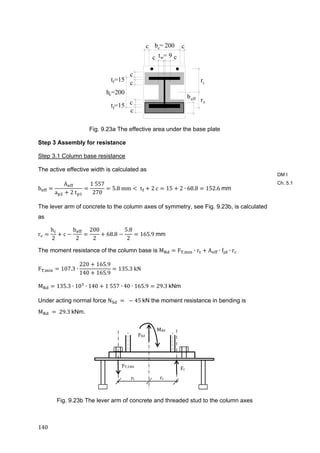 140	
h =200c
c
c c
c
c t = 9w
t =15f
b = 200c
rt
rc
c
beff
c
ct =15f
Fig. 9.23a The effective area under the base plate
Step 3 Assembly for resistance
Step 3.1 Column base resistance
The active effective width is calculated as
b
A
a 2	t
1	557
270
5.8	mm 	t 2	c 15 2 ∙ 68.8 152.6	mm
The lever arm of concrete to the column axes of symmetry, see Fig. 9.23b, is calculated
as
r
h
2
c
b
2
200
2
68.8
5.8
2
165.9	mm
The moment resistance of the column base is M F , ∙ r A ∙ f ∙ r
F , 107.3 ∙
220 165.9
140 165.9
135.3	kN
M 135.3 ∙ 10 ∙ 140 1	557 ∙ 40 ∙ 165.9 29.3	kNm
Under acting normal force N 	 	 45	kN the moment resistance in bending is
M 	 	29.3	kNm.
Fig. 9.23b The lever arm of concrete and threaded stud to the column axes
DM I
Ch. 5.1
MRd
FEd
FT,3,Rd
Fc
rt rc
 
