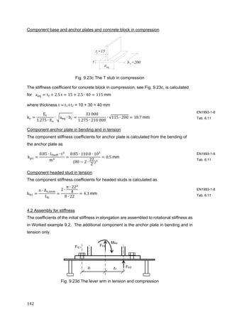 142	
Component base and anchor plates and concrete block in compression
Fig. 9.23c The T stub in compression
The stiffness coefficient for concrete block in compression, see Fig. 9.23c, is calculated
for a t 2.5	t 15 2.5 ∙ 40 115	mm
where thickness t	 	t1 t2 = 10 + 30 = 40 mm
k
E
1.275 ∙ E
∙ a ∙ b
33	000
1.275 ∙ 210	000
∙ √115 ∙ 200 18.7	mm	
Component anchor plate in bending and in tension
The component stiffness coefficients for anchor plate is calculated from the bending of
the anchor plate as
k
0.85 ∙ L ∙ t
m
0.85 ∙ 110.0 ∙ 10
80 2 ∙
22
2
0.5	mm	
Component headed stud in tension
The component stiffness coefficients for headed studs is calculated as
k
n ∙ A ,
L
2 ∙
π ∙ 22
4
8 ∙ 22
4.3	mm
4.2 Assembly for stiffness
The coefficients of the initial stiffness in elongation are assembled to rotational stiffness as
in Worked example 9.2. The additional component is the anchor plate in bending and in
tension only.
Fig. 9.23d The lever arm in tension and compression
EN1993-1-8
Tab. 6.11
EN1993-1-8
Tab. 6.11
EN1993-1-8
Tab. 6.11
b =200c
t =15f
aeq
t
MRd
FEdFt2,1
Ftc2zt zc
 