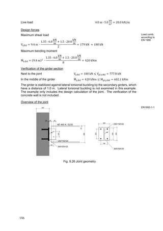 146	
Live load 4.0 m ∙ 5.0 20.0	kN/m
Design forces
Maximum shear load
V , 9.4	m	 ∙
1.35 6.0
kN
m
1.5 20.0
kN
m
2
179	kN	 180	kN
Maximum bending moment
M , 9.4	m 	∙
1.35 6.0
kN
m
1.5 20.0
kN
m
8
420	kNm	
Verification of the girder section
Next to the joint V , 180	kN V , , 777.8	kN
In the middle of the girder M , 420	kNm M , , 602.1	kNm
The girder is stabilized against lateral torsional buckling by the secondary girders, which
have a distance of 1.0 m. Lateral torsional buckling is not examined in this example.
The example only includes the design calculation of the joint. The verification of the
concrete wall is not included.
Overview of the joint
Fig. 9.26 Joint geometry
Load comb.
according to
EN 1990
EN1993-1-1
 