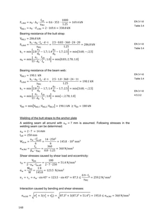 148	
F , α ∙ A ∙
f
γ 	
0.6 ∙ 353	 ∙
1000
1.25
169.4 kN	
V , n 	∙ F , 2 ∙ 169.4 338.8	kN	
Bearing resistance of the butt strap:
V , 286.8	kN	
F ,
k ∙ α ∙ f ∙ d ∙ t
γ 	
2.5 ∙ 0.83 ∙ 360 ∙ 24 ∙ 20
1.25
286.8	kN	
k min 2.8
e
d
1.7; 1.4
p
d
1.7; 2.5 min 3.68; ; 2.5 	
α min
e
3 ∙ d
;
f
f
; 1.0 min 0.83; 2.78; 1.0 	
Bearing resistance of the beam web:
V , 190.1		kN	
F ,
k ∙ α ∙ f ∙ d ∙ t
γ 	
2.5 ∙ 1.0 ∙ 360 ∙ 24 ∙ 11
1.25
190.1	kN	
k min 2.8
e
d
1.7; 1.4
p
d
1.7; 2.5 min 3.68; ; 2.5 	
α min
e
3 ∙ d
;
f
f
; 1.0 min ; 2.78; 1.0 	
V min V , ; V , ; V , 190.1	kN	 V 180	kN	
Welding of the butt straps to the anchor plate
A welding seam all around with a 7		mm is assumed. Following stresses in the
welding seam can be determined:
a 2 ∙ 7	 14	mm
l 250	mm	
W ,
a ∙ l ,
6
14 ∙ 250
6
145.8	 10 	mm 	
σ ,
f
β ∙ γ
360
0.8 ∙ 1.25
360	N/mm 	
Shear stresses caused by shear load and eccentricity:
τ
V
2 ∙ a ∙ l ,
180
2 ∙ 7 ∙ 250
51.4	N/mm²	
σ
M
W
1	8
145.8
123.5		N/mm 		
σ τ σ ∙ sin 45° 123.5	 ∙ sin 45° 87.3
0.9 ∙ f
γ
259.2	N/	mm 	
Interaction caused by bending and shear stresses:
σ , σ 3 τ τ 87.3² 3 87.3² 51.4² 195.0 σ , 360	N/mm²	
EN 3-1-8
Table 3.4
EN 3-1-8
Table 3.4
EN 3-1-8
Table 3.4
EN 3-1-8
4.5.3.2
 