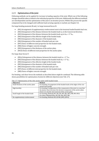 Infaso+‐Handbook	II	 	 	
36	
Optimization	of	the	joint	
Following	methods	can	be	applied	for	increase	in	loading	capacity	of	the	joint.	Which	one	of	the	following	
changes	should	be	taken	is	linked	to	the	individual	properties	of	the	joint.	Additionally	the	different	methods	
are	interdependent	and	the	optimization	of	the	joint	is	an	iterative	process.	Within	this	process	the	specific	
component	has	to	be	changed	until	sufficient	load	carrying	capacity	is	reached,	see	Chapter	4.4.	
For	large	bending	moments	M	and	/	or	large	tensional	forces	N:	
 (M1)	Arrangement	of	supplementary	reinforcement	next	to	the	tensional	loaded	headed	stud	row.	
 (M2)	Enlargement	of	the	distance	between	the	headed	studs	lHS	in	the	transversal	direction.	
 (M3)	Enlargement	of	the	distance	between	the	headed	studs	up	to	bHS	=	3	*	hef.	
 (M4)	Enlargement	of	the	effective	height	of	the	headed	studs.	
 (M5)	Enlargement	of	the	diameter	of	the	headed	studs.	
 (M6)	Enlargement	of	the	number	of	headed	suds	per	row.	
 (M7)	Choice	of	different	steel	properties	for	the	headed	studs.	
 (M8)	Choice	of	higher	concrete	strength.	
 (M9)	Enlargement	of	the	thickness	of	the	anchor	plate.		
 (M10)	Choice	of	different	steel	properties	for	the	anchor	plate.	
For	large	shear	forces	V:	
 (M2a)	Enlargement	of	the	distance	between	the	headed	studs	lHS	=	3	*	hef.	
 (M3)	Enlargement	of	the	distance	between	the	headed	studs	bHS	=	3	*	hef	.	
 (M4)	Enlargement	of	the	effective	height	of	the	headed	studs.	
 (M5)	Enlargement	of	the	diameter	of	the	headed	studs.	
 (M6)	Enlargement	of	the	number	of	headed	suds	per	row.		
 (M7)	Choice	of	different	steel	properties	for	the	headed	studs.	
 (M8)	Choice	of	higher	concrete	strength.	
For	bending‐	and	shear	forces	the	methods	as	described	above	might	be	combined.	The	following	table	
shows	possibilities	for	optimization	of	joints	for	different	objectives	(see	Tab.	2.7).		
Tab.	2.7:	Optimization	of	the	slim	anchor	plate	with	headed	studs	
Objectives	 Method
Small	thickness	of	the	anchor	plate	 For	bending:	Arrangement	of	the	headed	studs	at	the	edges	of	the	con‐
nected	steel	profile	
High	ductility	 For	bending:	Configuration	of	the	components	of	the	joint	in	a	way	that	
the	plastic	chain	becomes	the	decisive	component	of	the	anchor	plate.	
Choice	of	a	ductile	steel	material	of	the	anchor	plate.		
Small	length	of	the	headed	studs	 For	bending:	Methods	M1,	M2,	M3,	M5,	M6,	(M7),	M8,	M9,	M10;	
For	shear:	Methods	M2a,	M3,	M5,	M6,	(M7),	M8	
No	supplementary	reinforcement	 For	bending:	Methods	M2	till	M8,	(M9),	(M10)	
	 	
 
