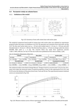 Chyba!	Pomocí	karty	Domů	použijte	u	textu,	který	se	
má	zde	zobrazit,	styl	Überschrift	1.	Chyba!	Pomocí	karty	Domů	použijte	u	textu,	který	se	má	zde	zobrazit,	styl	
Überschrift	1.	
81	
4.4 Parameter	study	on	column	bases	
Validation	of	the	model	
. 	
Fig.	4.25:	Geometry	of	tests	with	column	base	with	anchor	plate	
The	analytical	component	based	model	of	column	base	with	anchor	plate	was	validated	on	experiments	
prepared	under	the	project,	see	Kuhlman	et	al.	[12].	The	specimen	was	consisted	of	two	steel	units,	see	Fig.	
4.25.	The	thin	steel	anchor	plate	was	tp1	=	10	mm	with	welded	studs	d	=	22	mm,	h	=	150	mm	and	with	
threaded	studs	d	=	24	mm,	h	=	100	mm.	The	thick	steel	base	plate	tp2	=	25	mm	was	design	under	the	column	
HE180B,	 fillet	 weld	 aw	 =	 6	 mm.	 The	 concrete	 block	 was	 made	 from	 reinforced	 concrete	
1	600	x	1	000	x	400	mm,	see	Tab.	4.9	The	test	results	were	published	in	Ph.D.	thesis	of	Žižka,	J.	[20]	
Tab.	4.9:	Geometric	dimensions	of	the	tests	
Column	 Base	plate Anchor	plate	
HE180B	 S355	 250x380x25	 S355	 350x560x10	 S235	
fyk	=	355	MPa	 fuk	=	510	MPa	 fyk	=	355	MPa	 fuk	=	510	MPa	 fy,exp	=	270.1	MPa	 fu,exp	=	421.3	
Threaded	studs Headed	studs Foundation	(cracked)
d	=	24	mm;	h	=	100	mm	 S355	 d	=	22	mm;	h	=	150	mm	 S355	 1600x1000x400	 C25/30	
fyk	=	355	MPa	 fuk	=	510	MPa	 fy,exp	=	444.8	MPa	 fu,exp	=	542.1	 fck	=	25	MPa	 fck,c	=	30	MPa	
The	analytical	model	is	described	in	Design	Manual	I	"Design	of	steel‐to‐concrete	joints"	[13].	For	the	calcu‐
lation	were	taken	the	measured	values	of	material	properties	of	steel.	In	the	experiments	S2‐0,	S2‐5,	and	
S2‐30	varies	the	thickness	of	the	grout,	form	0	mm,	5	mm	and	30	mm.	The	experimental	moment	rotational	
curves	are	summarized	in	Fig.	4.26.	
	
Fig.	4.26:	Moment‐rotation	curves	of	three	experiments	with	different	position	of	headed	and	threaded	
studs	
0
10
20
30
40
50
0,00 0,02 0,04 0,06 0,08 0,10
M[kNm]
φ[rad]
S2‐0
S2‐5
S2‐30
 