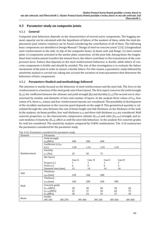 Chyba!	Pomocí	karty	Domů	použijte	u	textu,	který	se	
má	zde	zobrazit,	styl	Überschrift	1.	Chyba!	Pomocí	karty	Domů	použijte	u	textu,	který	se	má	zde	zobrazit,	styl	
Überschrift	1.	
99	
4.5 Parameter	study	on	composite	joints	
General	
Composite	joint	behaviour	depends	on	the	characteristics	of	several	active	components.	The	hogging	mo‐
ment	capacity	can	be	calculated	with	the	hypothesis	of	failure	of	the	weakest	of	them,	while	the	total	dis‐
placement	(and	relative	rotation)	can	be	found	considering	the	contribution	of	all	of	them.	The	following	
basic	components	are	identified	in	Design	Manual	I	"Design	of	steel‐to‐concrete	joints"	[13]:	i)	longitudinal	
steel	reinforcement	in	the	slab;	ii)	slip	of	the	composite	beam;	ii)	beam	web	and	flange;	iv)	steel	contact	
plate;	v)	components	activated	in	the	anchor	plate	connection;	vi)	the	joint	link.	Among	them,	the	longitu‐
dinal	steel	reinforcement	transfers	the	tension	force;	the	others	contribute	to	the	transmission	of	the	com‐
pression	force.	Failure	that	depends	on	the	steel	reinforcement	behaviour	is	ductile,	while	failure	of	con‐
crete	components	is	brittle	and	should	be	avoided.	The	aim	of	this	investigation	is	to	evaluate	the	failure	
mechanism	of	the	joint	in	order	to	ensure	a	ductile	failure.	For	this	reason,	a	parametric	study	followed	by	
sensitivity	analysis	is	carried	out,	taking	into	account	the	variation	of	some	parameters	that	determine	the	
behaviour	of	basic	components.		
Parameters	Studied	and	methodology	followed	
The	attention	is	mainly	focused	on	the	behaviour	of	steel	reinforcement	and	the	joint	link.	The	force	in	the	
reinforcement	is	a	function	of	the	steel	grade	and	of	bars	layout.	The	first	aspect	concerns	the	yield	strength	
(fsyk),	the	coefficient	between	the	ultimate	and	yield	strength	(k)	and	ductility	(εs,u).The	second	one	is	char‐
acterized	by	number	and	diameter	of	bars	and	number	of	layers.	In	the	analysis	three	values	of	fsyk,	four	
values	of	k,	three	εs,u	values	and	four	reinforcement	layouts	are	considered.	The	possibility	of	development	
of	the	strut&tie	mechanism	in	the	concrete	panel	depends	on	the	angle	θ.	This	geometrical	quantity	is	cal‐
culated	through	the	ratio	between	the	sum	of	beam	height	and	slab	thickness	on	the	thickness	of	the	wall.	
In	the	analysis,	six	beam	profiles,	four	wall	thickness	twall	and	three	slab	thickness	sslab	are	considered.	Wall	
concrete	properties,	i.e.	the	characteristic	compressive	cylinder	(fck,cyl)	and	cubic	(fck,cube)	strength,	and	se‐
cant	modulus	of	elasticity	(Ecm),	affect	as	well	the	joint	link	behaviour.	In	the	analysis	five	concrete	grades	
for	wall	are	considered.	The	sensitivity	analysis	compared	by	51840	combinations.	Tab.	4.16	summarizes	
the	parameters	considered	for	the	parameter	study.	
Tab.	4.16:	Parameters	considered	for	parameter	study	
Element	 Parameter	
Reinforcement	
Yield	strength	
fsyk[MPa]	 400	 500	 600	 	 	
Coefficient	fu/fsyk	
k	[‐] 1.05 1.15	 1.25	 1.35	 	
Ductility	
εs,u	[‰]	 25	 50	 75	 	 	
Bar	layout	
	
N	layers	[‐]	
N	bars	[‐]	
Diameter	bars	[mm]	
Case	A	
1	
6	
12	
Case		B	
1	
6	
14	
Case	C	
1	
6	
16	
Case	D	
2	
6	
16	
	
Slab		
Thickness	
tslab	[mm]	 120	 160	 200	 	 	
Wall		
Thickness	
twall	[mm]	 160	 200	 240	 300	 	
Concrete	grade	
fck,cyl[MPa]	
fck,cube[MPa]	
Ecm[MPa]	
20	
25	
30	
30	
37	
33	
40	
50	
35	
50	
60	
37	
60	
75	
39	
Beam	
Profile	
IPE	240	 IPE	270	 IPE	300	 IPE	330	 IPE	360	 IPE	400	
 