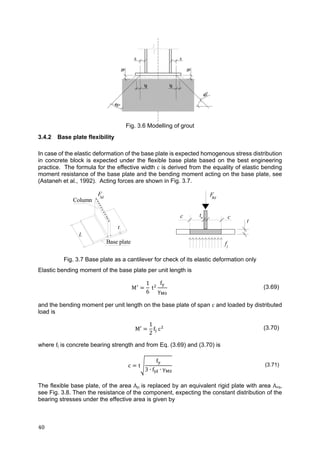 40	
Fig. 3.6 Modelling of grout
3.4.2 Base plate flexibility
In case of the elastic deformation of the base plate is expected homogenous stress distribution
in concrete block is expected under the flexible base plate based on the best engineering
practice. The formula for the effective width c is derived from the equality of elastic bending
moment resistance of the base plate and the bending moment acting on the base plate, see
(Astaneh et al., 1992). Acting forces are shown in Fig. 3.7.
Fig. 3.7 Base plate as a cantilever for check of its elastic deformation only
Elastic bending moment of the base plate per unit length is
M
1
6
t
f
γ
(3.69)
and the bending moment per unit length on the base plate of span c and loaded by distributed
load is
M′
1
2
f c (3.70)
where fj is concrete bearing strength and from Eq. (3.69) and (3.70) is
c t
f
3 ∙ f ∙ γ
(3.71)
The flexible base plate, of the area Ap, is replaced by an equivalent rigid plate with area Aeq,
see Fig. 3.8. Then the resistance of the component, expecting the constant distribution of the
bearing stresses under the effective area is given by
c
fj
Column
Base plate
F
t
c tw
Sd FRd
L
t
 