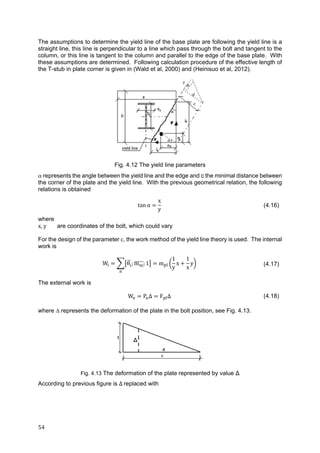54	
The assumptions to determine the yield line of the base plate are following the yield line is a
straight line, this line is perpendicular to a line which pass through the bolt and tangent to the
column, or this line is tangent to the column and parallel to the edge of the base plate. With
these assumptions are determined. Following calculation procedure of the effective length of
the T-stub in plate corner is given in (Wald et al, 2000) and (Heinisuo et al, 2012).
Fig. 4.12 The yield line parameters
 represents the angle between the yield line and the edge and c the minimal distance between
the corner of the plate and the yield line. With the previous geometrical relation, the following
relations is obtained
tan α
x
y
(4.16)
where
x,	y are coordinates of the bolt, which could vary
For the design of the parameter c, the work method of the yield line theory is used. The internal
work is
W θ ; m ; 1 m
1
y
x
1
x
y (4.17)
The external work is
W P Δ F Δ (4.18)
where  represents the deformation of the plate in the bolt position, see Fig. 4.13.
Fig. 4.13 The deformation of the plate represented by value Δ
According to previous figure is Δ	replaced with
 