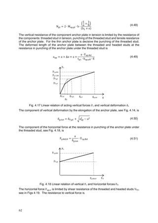 62	
N 2 ∙ M , ∙ b ∙
1
a
1
b
b e
(4.48)
The vertical resistance of the component anchor plate in tension is limited by the resistance of
the components: threaded stud in tension, punching of the threaded stud and tensile resistance
of the anchor plate. For the thin anchor plate is decisive the punching of the threaded stud.
The deformed length of the anchor plate between the threaded and headed studs at the
resistance in punching of the anchor plate under the threaded stud is
a a ∆a a
a ∙ F ,
t ∙ b , ∙ E
(4.49)
Fig. 4.17 Linear relation of acting vertical forces Fv and vertical deformation δv
The component of vertical deformation by the elongation of the anchor plate, see Fig. 4.14, is
δ , δ , a a (4.50)
The component of the horizontal force at the resistance in punching of the anchor plate under
the threaded stud, see Fig. 4.18, is
F , ,
a
δ ,
∙ F , , (4.51)
Fig. 4.18 Linear relation of vertical Fv and horizontal forces	FH
The horizontal force F , is limited by shear resistance of the threaded and headed studs VRd,
see in Figs 4.19. The resistance to vertical force is
Fv	
δT
Ft,p,Rd	
δ	δp,tot
FT,pl	
FT,el	
δT,el	
Fp,1,Rd	
δp,1δT,pl
Fv	
Ft,p,Rd	
FHFp,Rd,H
FT,pl	
 