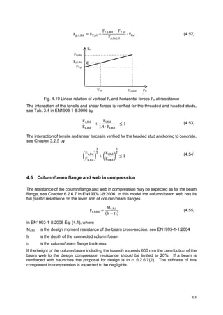 63	
F , , F ,
F , , F ,
F , ,
V (4.52)
Fig. 4.19 Linear relation of vertical Fv	and horizontal forces FH at resistance
The interaction of the tensile and shear forces is verified for the threaded and headed studs,
see Tab. 3.4 in EN1993-1-8:2006 by
F ,
F ,
F ,
1.4 ∙ F ,
1 (4.53)
The interaction of tensile and shear forces is verified for the headed stud anchoring to concrete,
see Chapter 3.2.5 by
F ,
F ,
F ,
F ,
1 (4.54)
4.5 Column/beam flange and web in compression
The resistance of the column flange and web in compression may be expected as for the beam
flange, see Chapter 6.2.6.7 in EN1993-1-8:2006. In this model the column/beam web has its
full plastic resistance on the lever arm of column/beam flanges
F , ,
M ,
h t
(4.55)
in EN1993-1-8:2006 Eq. (4.1), where
Mc,Rd is the design moment resistance of the beam cross-section, see EN1993-1-1:2004
h is the depth of the connected column/beam
tf is the column/beam flange thickness
If the height of the column/beam including the haunch exceeds 600 mm the contribution of the
beam web to the design compression resistance should be limited to 20%. If a beam is
reinforced with haunches the proposal for design is in cl 6.2.6.7(2). The stiffness of this
component in compression is expected to be negligible.
Fv	
VRd
Ft,p,Rd	
FHFp,Rd,H
Fp,1,Rd	
FT,pl	
 