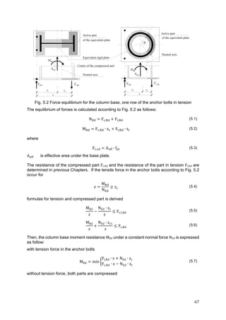 67	
NEd
MRd
Ft.Rd
z
zt zc
Fc.Rd
Equivalent rigid plate
Active part
of the equivalent plate
Centre of the compressed part
Neutral axis NEd
MRd
Ft.Rd
z
zt zc
Fc.Rd
Active part
of the equivalent plate
Neutral axis

Fig. 5.2 Force equilibrium for the column base, one row of the anchor bolts in tension
The equilibrium of forces is calculated according to Fig. 5.2 as follows:
N F , F , (5.1)
M F , ∙ z F , ∙ z (5.2)
where
F , A ∙ f (5.3)
A is effective area under the base plate.
The resistance of the compressed part Fc,Rd and the resistance of the part in tension Ft,Rd are
determined in previous Chapters. If the tensile force in the anchor bolts according to Fig. 5.2
occur for
e
M
N
z (5.4)
formulas for tension and compressed part is derived
MRd
z
NEd ∙ zc
z
Fc1,Rd
(5.5)
MRd
z
NEd ∙ zc1
z
Fc,Rd
(5.6)
Then, the column base moment resistance MRd under a constant normal force NEd is expressed
as follow:
with tension force in the anchor bolts
MRd min
Ft,Rd ∙ z NEd ∙ zc
Fc,Rd ∙ z NEd ∙ zt
(5.7)
without tension force, both parts are compressed
 