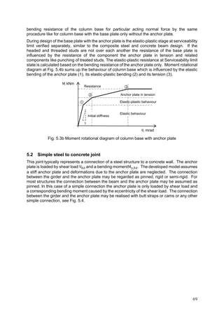 69	
bending resistance of the column base for particular acting normal force by the same
procedure like for column base with the base plate only without the anchor plate.
During design of the base plate with the anchor plate is the elastic-plastic stage at serviceability
limit verified separately, similar to the composite steel and concrete beam design. If the
headed and threaded studs are not over each another the resistance of the base plate is
influenced by the resistance of the component the anchor plate in tension and related
components like punching of treated studs. The elastic-plastic resistance at Serviceability limit
state is calculated based on the bending resistance of the anchor plate only. Moment rotational
diagram at Fig. 5.4b sums up the behaviour of column base which is influenced by the elastic
bending of the anchor plate (1), its elastic-plastic bending (2) and its tension (3).
Fig. 5.3b Moment rotational diagram of column base with anchor plate
5.2 Simple steel to concrete joint
This joint typically represents a connection of a steel structure to a concrete wall. The anchor
plate is loaded by shear load V and a bending momentM , . The developed model assumes
a stiff anchor plate and deformations due to the anchor plate are neglected. The connection
between the girder and the anchor plate may be regarded as pinned, rigid or semi-rigid. For
most structures the connection between the beam and the anchor plate may be assumed as
pinned. In this case of a simple connection the anchor plate is only loaded by shear load and
a corresponding bending moment caused by the eccentricity of the shear load. The connection
between the girder and the anchor plate may be realised with butt straps or cams or any other
simple connection, see Fig. 5.4.
M, kNm
, mrad
Elastic-plastic behaviour
1
Resistance



Initial stiffness
Elastic behaviour
Anchor plate in tension
 
