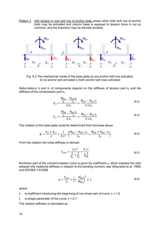 78	
Pattern 3 with tension in one bolt row of anchor bolts arises when both bolt row of anchor
bolts may be activated and column base is exposed to tension force in not so
common, and the theorems may be derived similarly.
NEd
MEd
NEd
MEd
t,l c,r
c,l c,r
  
zz
zt,l zc,r zc,l zc,r
 
NEd
MEd
t,l
z
zt,l zc,r

t,r
Fig. 6.2 The mechanical model of the base plate a) one anchor bolt row activated,
b) no anchor bolt activated c) both anchor bolt rows activated
Deformations δt and δc of components depend on the stiffness of tension part kt and the
stiffness of the compression part kc.
δt,l
MEd
z
NEd zt
z
E kt
MEd NEd zt
E z kt
(6.2)
δc,r
MEd
z
NEd zt
z
E kc
MEd NEd zt
E z kc
(6.3)
The rotation of the base plate could be determined from formulas above
ϕ
δ , δ ,
z
1
E	z
∙
M N ∙ z
k
M N ∙ z
k
(6.4)
From the rotation the initial stiffness is derived
S ,
E z
1
k
1
k
E z
∑
1
k
(6.5)
Nonlinear part of the moment-rotation curve is given by coefficient μ, which express the ratio
between the rotational stiffness in respect to the bending moment, see (Weynand et al, 1996)
and EN1993-1-8:2006
μ
S ,
S
κ
M
M
1 (6.6)
where
κ is coefficient introducing the beginning of non-linear part of curve, κ = 1.5
ξ	 is shape parameter of the curve, ξ = 2.7
The rotation stiffness is calculated as
 