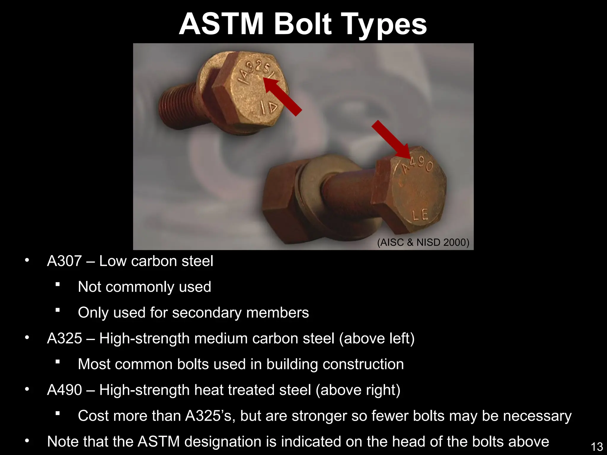 13
ASTM Bolt Types
(AISC & NISD 2000)
• A307 – Low carbon steel
 Not commonly used
 Only used for secondary members
• A325 – High-strength medium carbon steel (above left)
 Most common bolts used in building construction
• A490 – High-strength heat treated steel (above right)
 Cost more than A325’s, but are stronger so fewer bolts may be necessary
• Note that the ASTM designation is indicated on the head of the bolts above
 