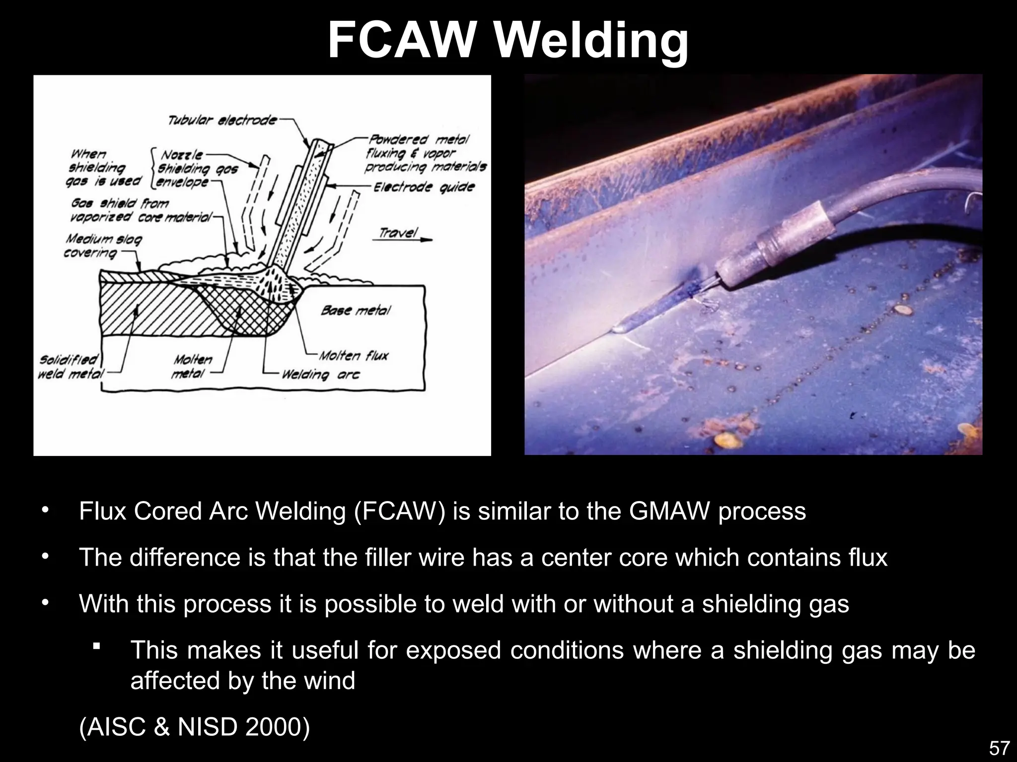 57
• Flux Cored Arc Welding (FCAW) is similar to the GMAW process
• The difference is that the filler wire has a center core which contains flux
• With this process it is possible to weld with or without a shielding gas
 This makes it useful for exposed conditions where a shielding gas may be
affected by the wind
(AISC & NISD 2000)
FCAW Welding
 