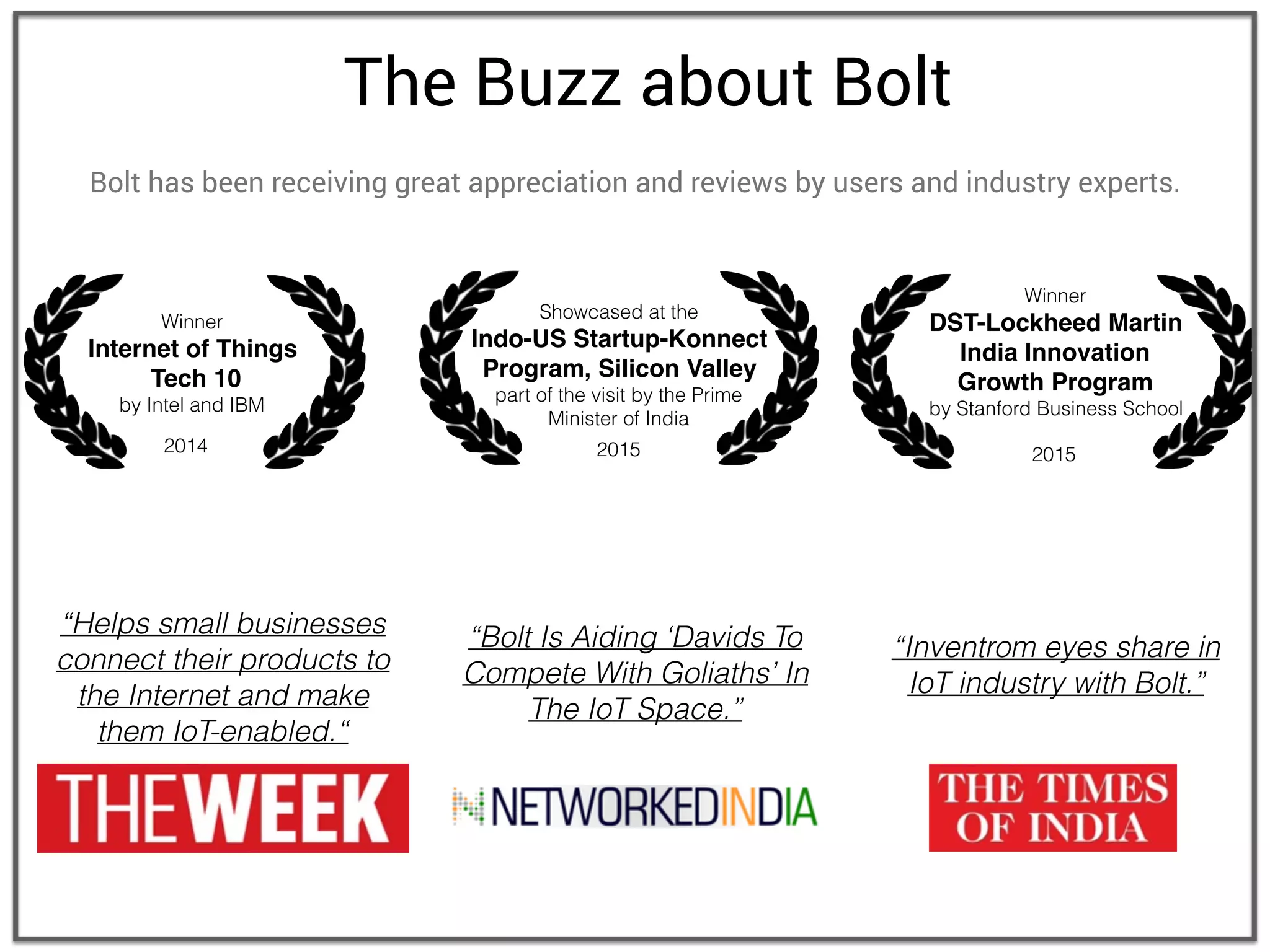 The Buzz about Bolt
Winner
Internet of Things
Tech 10
by Intel and IBM
Winner
DST-Lockheed Martin
India Innovation
Growth Program
by Stanford Business School
Bolt has been receiving great appreciation and reviews by users and industry experts.
2014 2015
“Helps small businesses
connect their products to
the Internet and make
them IoT-enabled.“
“Bolt Is Aiding ‘Davids To
Compete With Goliaths’ In
The IoT Space.”
“Inventrom eyes share in
IoT industry with Bolt.”
Showcased at the
Indo-US Startup-Konnect
Program, Silicon Valley
part of the visit by the Prime
Minister of India
2015
 