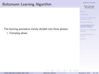 Boltzmann Learning Algorithm

Boltzmann Machine
Ritajit Majumdar
Arunabha Saha
Outline
Hopﬁeld Net
Stochastic Hopﬁeld Nets
with Hidden Units
Boltzmann Machine
Learning Algorithm for
Boltzmann Machine

The learning procedure mainly divided into three phases:
1 Clamping phase

Applications of Boltzmann
Machine
Restricted Boltzmann
Machine
Reference

Ritajit Majumdar Arunabha Saha (CU)

Boltzmann Machine

November 6, 2013

31 / 44

 