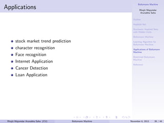 Boltzmann Machine

Applications

Ritajit Majumdar
Arunabha Saha
Outline
Hopﬁeld Net
Stochastic Hopﬁeld Nets
with Hidden Units
Boltzmann Machine

stock market trend prediction

Learning Algorithm for
Boltzmann Machine

character recognition

Applications of Boltzmann
Machine

Face recognition

Restricted Boltzmann
Machine

Internet Application

Reference

Cancer Detection
Loan Application

Ritajit Majumdar Arunabha Saha (CU)

Boltzmann Machine

November 6, 2013

39 / 44

 