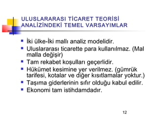 ULUSLARARASI TİCARET TEORİSİ
ANALİZİNDEKİ TEMEL VARSAYIMLAR

   İki ülke-İki mallı analiz modelidir.
   Uluslararası ticarette para kullanılmaz. (Mal
    malla değişir)
   Tam rekabet koşulları geçerlidir.
   Hükümet kesimine yer verilmez. (gümrük
    tarifesi, kotalar ve diğer kısıtlamalar yoktur.)
   Taşıma giderlerinin sıfır olduğu kabul edilir.
   Ekonomi tam istihdamdadır.


                                          12
 