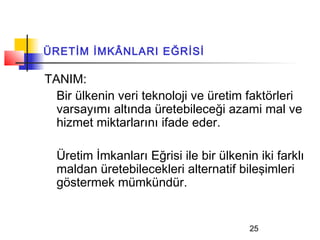 ÜRETİM İMKÂNLARI EĞRİSİ

TANIM:
  Bir ülkenin veri teknoloji ve üretim faktörleri
  varsayımı altında üretebileceği azami mal ve
  hizmet miktarlarını ifade eder.

  Üretim İmkanları Eğrisi ile bir ülkenin iki farklı
  maldan üretebilecekleri alternatif bileşimleri
  göstermek mümkündür.


                                        25
 