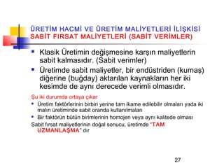 ÜRETİM HACMİ VE ÜRETİM MALİYETLERİ İLİŞKİSİ
SABİT FIRSAT MALİYETLERİ (SABİT VERİMLER)

   Klasik Üretimin değişmesine karşın maliyetlerin
    sabit kalmasıdır. (Sabit verimler)
   Üretimde sabit maliyetler, bir endüstriden (kumaş)
    diğerine (buğday) aktarılan kaynakların her iki
    kesimde de aynı derecede verimli olmasıdır.
Şu iki durumda ortaya çıkar
 Üretim faktörlerinin birbiri yerine tam ikame edilebilir olmaları yada iki

  malın üretiminde sabit oranda kullanılmaları
 Bir faktörün bütün birimlerinin homojen veya aynı kalitede olması

Sabit fırsat maliyetlerinin doğal sonucu, üretimde “TAM
  UZMANLAŞMA” dır




                                                               27
 