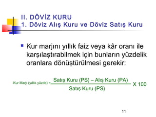 II. DÖVİZ KURU
     1. Döviz Alış Kuru ve Döviz Satış Kuru


        Kur marjını yıllık faiz veya kâr oranı ile
         karşılaştırabilmek için bunların yüzdelik
         oranlara dönüştürülmesi gerekir:

Kur Marjı (yıllık yüzde) =
                             Satış Kuru (PS) – Alış Kuru (PA)
                                                                X 100
                                   Satış Kuru (PS)



                                                          11
 