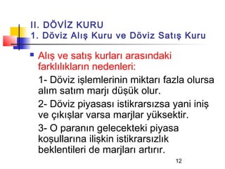 II. DÖVİZ KURU
1. Döviz Alış Kuru ve Döviz Satış Kuru

   Alış ve satış kurları arasındaki
    farklılıkların nedenleri:
    1- Döviz işlemlerinin miktarı fazla olursa
    alım satım marjı düşük olur.
    2- Döviz piyasası istikrarsızsa yani iniş
    ve çıkışlar varsa marjlar yüksektir.
    3- O paranın gelecekteki piyasa
    koşullarına ilişkin istikrarsızlık
    beklentileri de marjları artırır.
                                    12
 