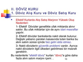 II. DÖVİZ KURU
1. Döviz Alış Kuru ve Döviz Satış Kuru
   Efektif Kurlarda Alış Satış Marjının Yüksek Oluş
    Nedenleri:
    1- Efektif Dövizler genellikle ufak miktarda alınır
    satılır. Bu ufak miktarlar için de aynı idari masraflar
    yapılır.
    2- Efektif dövizler bankalarda nakit olarak bulunur.
    Değişik yabancı paraları kasasında tutan banka bu
    alım satım süresi içinde faiz geliri elde etmez.
    3- Nakit dövizlerin güvenlik problemi vardır. Ayrıca
    nakit dövizlerin ilgili ülkeden getirilmesi bir masrafı
    gerektirir.
Bu nedenlerle “efektif döviz” kurları “döviz”e göre daha
    fazla alım satım marjını içerir. .           13
 