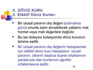 II. DÖVİZ KURU
3. Efektif Döviz Kurları

   Bir ulusal paranın dış değeri (satınalma
    gücü) onunla satın alınabilecek yabancı mal,
    hizmet veya mali değerlere bağlıdır.
   Bu ise dolaysız kotasyonda döviz kurunun
    tersine eşittir.
   Bir ulusal paranın dış değerini hesaplamak
    için efektif döviz kuru hesaplanır: ulusal
    paranın, ülkenin başlıca ticaret ortaklarının
    paralarıyla olan kurlarının ağırlıklı
    ortalamasına eşittir.
                                      15
 