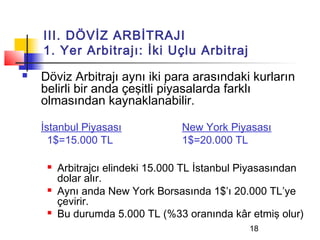 III. DÖVİZ ARBİTRAJI
    1. Yer Arbitrajı: İki Uçlu Arbitraj
   Döviz Arbitrajı aynı iki para arasındaki kurların
    belirli bir anda çeşitli piyasalarda farklı
    olmasından kaynaklanabilir.

    İstanbul Piyasası             New York Piyasası
      1$=15.000 TL                1$=20.000 TL

        Arbitrajcı elindeki 15.000 TL İstanbul Piyasasından
         dolar alır.
        Aynı anda New York Borsasında 1$’ı 20.000 TL’ye
         çevirir.
        Bu durumda 5.000 TL (%33 oranında kâr etmiş olur)
                                                18
 