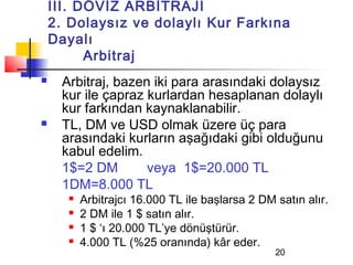 III. DÖVİZ ARBİTRAJI
    2. Dolaysız ve dolaylı Kur Farkına
    Dayalı
          Arbitraj
    Arbitraj, bazen iki para arasındaki dolaysız
     kur ile çapraz kurlardan hesaplanan dolaylı
     kur farkından kaynaklanabilir.
    TL, DM ve USD olmak üzere üç para
     arasındaki kurların aşağıdaki gibi olduğunu
     kabul edelim.
     1$=2 DM        veya 1$=20.000 TL
     1DM=8.000 TL
         Arbitrajcı 16.000 TL ile başlarsa 2 DM satın alır.
         2 DM ile 1 $ satın alır.
         1 $ ‘ı 20.000 TL’ye dönüştürür.
         4.000 TL (%25 oranında) kâr eder.
                                                 20
 