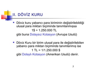 II. DÖVİZ KURU
   Döviz kuru yabancı para biriminin değiştirilebildiği
    ulusal para miktarı biçiminde tanımlanmışsa
               1$ = 1.250.000 TL
    gibi buna Dolaysız Kotasyon (Avrupa Usulü)

   Döviz Kuru bir birim ulusal para ile değiştirilebilen
    yabancı para miktarı biçiminde tanımlanmış ise
                1 TL = 1/1.250.000 $
    gibi Dolaylı Kotasyon (Amerikan Usulü) denir.


                                                7
 