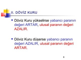 II. DÖVİZ KURU

   Döviz Kuru yükselirse yabancı paranın
    değeri ARTAR, ulusal paranın değeri
    AZALIR.

   Döviz Kuru düşerse yabancı paranın
    değeri AZALIR, ulusal paranın değeri
    ARTAR.

                                 8
 