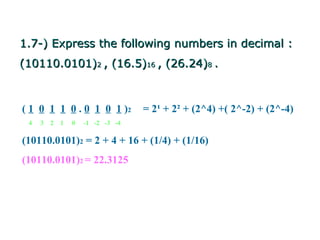 1.7-) Express the following numbers in decimal :
(10110.0101)2 , (16.5)16 , (26.24)8 .



( 1 0 1 1 0 . 0 1 0 1 )2       = 2¹ + 2² + (2^4) +( 2^-2) + (2^-4)
 4   3 2 1   0   -1 -2 -3 -4

(10110.0101)2 = 2 + 4 + 16 + (1/4) + (1/16)
(10110.0101)2 = 22.3125
 