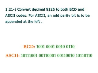1.21-) Convert decimal 9126 to both BCD and
ASCII codes. For ASCII, an odd parity bit is to be
appended at the left .




          BCD: 1001 0001 0010 0110
ASCII: 10111001 00110001 00110010 10110110
 