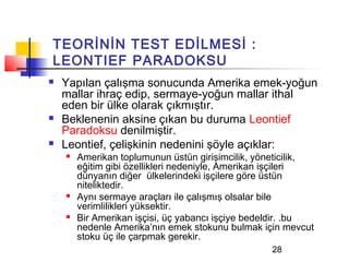 TEORİNİN TEST EDİLMESİ :
LEONTIEF PARADOKSU
   Yapılan çalışma sonucunda Amerika emek-yoğun
    mallar ihraç edip, sermaye-yoğun mallar ithal
    eden bir ülke olarak çıkmıştır.
   Beklenenin aksine çıkan bu duruma Leontief
    Paradoksu denilmiştir.
   Leontief, çelişkinin nedenini şöyle açıklar:
       Amerikan toplumunun üstün girişimcilik, yöneticilik,
        eğitim gibi özellikleri nedeniyle, Amerikan işçileri
        dünyanın diğer ülkelerindeki işçilere göre üstün
        niteliktedir.
       Aynı sermaye araçları ile çalışmış olsalar bile
        verimlilikleri yüksektir.
       Bir Amerikan işçisi, üç yabancı işçiye bedeldir. .bu
        nedenle Amerika’nın emek stokunu bulmak için mevcut
        stoku üç ile çarpmak gerekir.
                                                  28
 