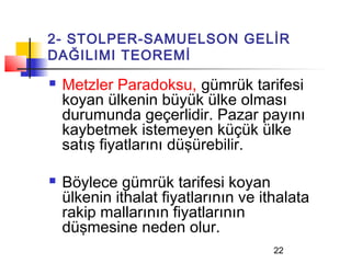 2- STOLPER-SAMUELSON GELİR
DAĞILIMI TEOREMİ
   Metzler Paradoksu, gümrük tarifesi
    koyan ülkenin büyük ülke olması
    durumunda geçerlidir. Pazar payını
    kaybetmek istemeyen küçük ülke
    satış fiyatlarını düşürebilir.

   Böylece gümrük tarifesi koyan
    ülkenin ithalat fiyatlarının ve ithalata
    rakip mallarının fiyatlarının
    düşmesine neden olur.
                                      22
 