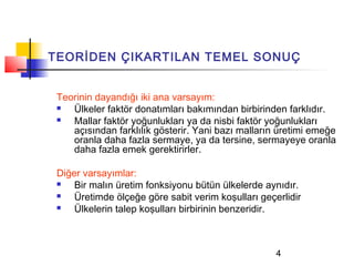 TEORİDEN ÇIKARTILAN TEMEL SONUÇ


 Teorinin dayandığı iki ana varsayım:
   Ülkeler faktör donatımları bakımından birbirinden farklıdır.
   Mallar faktör yoğunlukları ya da nisbi faktör yoğunlukları
    açısından farklılık gösterir. Yani bazı malların üretimi emeğe
    oranla daha fazla sermaye, ya da tersine, sermayeye oranla
    daha fazla emek gerektirirler.

 Diğer varsayımlar:
    Bir malın üretim fonksiyonu bütün ülkelerde aynıdır.
    Üretimde ölçeğe göre sabit verim koşulları geçerlidir
    Ülkelerin talep koşulları birbirinin benzeridir.



                                                    4
 