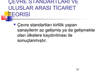 ÇEVRE STANDARTLARI VE
ULUSLAR ARASI TİCARET
TEORİSİ
    Çevre standartları kirlilik yapan
     sanayilerin az gelişmiş ya da gelişmekte
     olan ülkelere kaydırılması ile
     sonuçlanmıştır.




                                   51
 