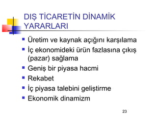 DIŞ TİCARETİN DİNAMİK
YARARLARI
   Üretim ve kaynak açığını karşılama
   İç ekonomideki ürün fazlasına çıkış
    (pazar) sağlama
   Geniş bir piyasa hacmi
   Rekabet
   İç piyasa talebini geliştirme
   Ekonomik dinamizm
                                  23
 