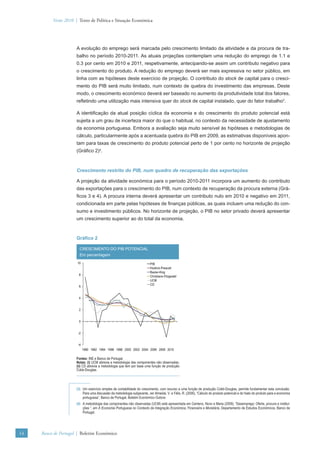Verão 2010 | Texto de Política e Situação Económica




                      A evolução do emprego será marcada pelo crescimento limitado da atividade e da procura de tra-
                      balho no período 2010-2011. As atuais projeções contemplam uma redução do emprego de 1.1 e
                      0.3 por cento em 2010 e 2011, respetivamente, antecipando-se assim um contributo negativo para
                      o crescimento do produto. A redução do emprego deverá ser mais expressiva no setor público, em
                      linha com as hipóteses deste exercício de projeção. O contributo do stock de capital para o cresci-
                      mento do PIB será muito limitado, num contexto de quebra do investimento das empresas. Deste
                      modo, o crescimento económico deverá ser baseado no aumento da produtividade total dos fatores,
                      reﬂetindo uma utilização mais intensiva quer do stock de capital instalado, quer do fator trabalho3.

                      A identiﬁcação da atual posição cíclica da economia e do crescimento do produto potencial está
                      sujeita a um grau de incerteza maior do que o habitual, no contexto da necessidade de ajustamento
                      da economia portuguesa. Embora a avaliação seja muito sensível às hipóteses e metodologias de
                      cálculo, particularmente após a acentuada quebra do PIB em 2009, as estimativas disponíveis apon-
                      tam para taxas de crescimento do produto potencial perto de 1 por cento no horizonte de projeção
                      (Gráﬁco 2)4.



                      Crescimento restrito do PIB, num quadro de recuperação das exportações

                      A projeção da atividade económica para o período 2010-2011 incorpora um aumento do contributo
                      das exportações para o crescimento do PIB, num contexto de recuperação da procura externa (Grá-
                      ﬁcos 3 e 4). A procura interna deverá apresentar um contributo nulo em 2010 e negativo em 2011,
                      condicionada em parte pelas hipóteses de ﬁnanças públicas, as quais incluem uma redução do con-
                      sumo e investimento públicos. No horizonte de projeção, o PIB no setor privado deverá apresentar
                      um crescimento superior ao do total da economia.



                      Gráﬁco 2

                        CRESCIMENTO DO PIB POTENCIAL
                        Em percentagem
                      10                                                  PIB
                                                                          Hodrick-Prescott
                                                                          Baxter-King
                       8                                                  Christiano-Fitzgerald
                                                                          UCM
                                                                          CD
                       6


                       4


                       2


                       0


                       -2


                       -4
                            1990 1992 1994 1996 1998 2000 2002 2004 2006 2008 2010

                      Fontes: INE e Banco de Portugal.
                      Notas: (i) UCM abrevia a metodologia das componentes não observadas.
                      (ii) CD abrevia a metodologia que tem por base uma função de produção
                      Cobb-Douglas.




                      (3) Um exercício simples de contabilidade do crescimento, com recurso a uma função de produção Cobb-Douglas, permite fundamentar esta conclusão.
                          Para uma discussão da metodologia subjacente, ver Almeida, V. e Félix, R. (2006), “Cálculo do produto potencial e do hiato do produto para a economia
                          portuguesa”, Banco de Portugal, Boletim Económico-Outono
                      (4) A metodologia das componentes não observadas (UCM) está apresentada em Centeno, Novo e Maria (2009), “Desemprego: Oferta, procura e institui-
                          ções “, em A Economia Portuguesa no Contexto da Integração Económica, Financeira e Monetária, Departamento de Estudos Económicos, Banco de
                          Portugal.




14   Banco de Portugal | Boletim Económico
 