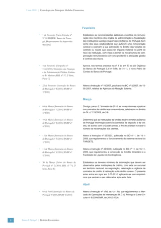 Verão 2010 | Cronologia das Principais Medidas Financeiras




                                                                 Fevereiro

                      • 1 de Fevereiro (Carta-Circular nº         Estabelece as recomendações aplicáveis à política de remune-
                        2/10/DSBDR, Banco de Portu-               ração dos membros dos órgãos de administração e ﬁscalização
                        gal, Departamento de Supervisão           das instituições sujeitas à supervisão do Banco de Portugal, bem
                        Bancária)                                 como dos seus colaboradores que auferem uma remuneração
                                                                  variável e exercem a sua actividade no âmbito das funções de
                                                                  controlo ou noutra que possa ter impacto material no perﬁl de
                                                                  risco da instituição, com vista a alinhar os mecanismos de com-
                                                                  pensação remuneratória com uma prudente e adequada gestão
                                                                  e controlo dos riscos.


                      • 4 de Fevereiro (Despacho nº               Aprova, nos termos previstos no nº 1 do artº 63 da Lei Orgânica
                        5166/2010, Ministério das Finanças        do Banco de Portugal (Lei nº 5/98, de 31-1), o novo Plano de
                        e da Administração Pública. Gabine-       Contas do Banco de Portugal.
                        te do Ministro, D.R. nº 57; 2ª Série,
                        Parte C)

                      • 22 de Fevereiro (Instrução do Banco       Altera a Instrução nº 10/2007, publicada no BO nº 5/2007, de 15-
                        de Portugal nº 4/2010, BNBP nº            05-2007, relativa às Agências de Notação Externa.
                        3/2010)


                                                                  Março

                      • 04 de Março (Instrução do Banco           Divulga, para o 2.º trimestre de 2010, as taxas máximas a praticar
                        de Portugal nº 7/2010, BNBP nº            nos contratos de crédito aos consumidores, celebrados no âmbito
                        3/2010)                                   do DL nº 133/2009, de 2-6.


                      • 10 de Março (Instrução do Banco           Determina que as instituições de crédito devem remeter ao Banco
                        de Portugal nº 8/2010, BNBP nº            de Portugal informação sobre os contratos de depósito e de cré-
                        4/2010)                                   dito, de acordo com o Quadro anexo, a ﬁm de analisar e avaliar o
                                                                  número de reclamações dos clientes.


                      • 15 de Março (Instrução do Banco           Altera a Instrução nº 33/2007, publicada no BO nº 1, de 15-1-
                        de Portugal nº 5/2010, BNBP nº            2008, que regulamentou o funcionamento do sistema nacional do
                        3/2010)                                   TARGET2.


                      • 15 de Março (Instrução do Banco           Altera a Instrução nº 24/2009, publicada no BO nº 11, de 16-11-
                        de Portugal nº 6/2010, BNBP nº            2009, que regulamentou a concessão de Crédito Intradiário e a
                        3/2010)                                   Facilidade de Liquidez de Contingência.


                      • 30 de Março (Aviso do Banco de            Estabelece os deveres mínimos de informação que devem ser
                        Portugal nº 2/2010, D.R. nº 74, 2ª        observados pelas instituições de crédito, com sede ou sucursal
                        Série, Parte E)                           em território nacional, na negociação, celebração e vigência de
                                                                  contratos de crédito à habitação e de crédito conexo. O presente
                                                                  aviso entra em vigor em 1-11-2010, aplicando-se aos emprésti-
                                                                  mos que venham a ser celebrados após esta data.


                                                                  Abril

                      • 05 de Abril (Instrução do Banco de        Altera a Instrução nº 1/99, de 15-1-99, que regulamentou o Mer-
                        Portugal 9/2010, BNBP 4/2010)             cado de Operações de Intervenção (M.O.I.). Revoga a Carta-Cir-
                                                                  cular nº 6/2009/DMR, de 26-02-2009.




II   Banco de Portugal | Boletim Económico
 