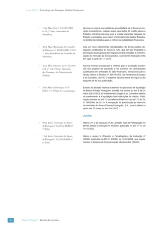 Verão 2010 | Cronologia das Principais Medidas Financeiras




                      • 18 de Maio (Lei nº 8-A/2010 D.R.          Aprova um regime que viabiliza a possibilidade de o Governo con-
                        nº.96, 1ª Série, Assembleia da            ceder empréstimos, realizar outras operações de crédito ativas a
                        República)                                Estados membros da zona euro e prestar garantias pessoais do
                                                                  Estado a operações que visem o ﬁnanciamento desses Estados,
                                                                  no âmbito da iniciativa para o reforço da estabilidade ﬁnanceira.


                      • 20 de Maio (Resolução do Conselho         Cria um novo instrumento representativo de dívida pública de-
                        de Ministros nº 40/2010 D.R. nº.112       signado Certiﬁcados do Tesouro (CT), que tem por ﬁnalidade a
                        1ª Série, Presidência do Conselho de      promoção da poupança de longo prazo dos cidadãos e a dinami-
                        Ministros)                                zação do mercado de dívida pública. A presente resolução entra
                                                                  em vigor a partir de 1-7-2010.


                      • 26 de Maio (Decreto-Lei nº 52/2010        Aprova normas processuais e critérios para a avaliação pruden-
                        D.R. nº.102, 1ª Série, Ministério         cial dos projetos de aquisição e de aumento de participações
                        das Finanças e da Administração           qualiﬁcadas em entidades do setor ﬁnanceiro, transpondo para o
                        Pública)                                  direito interno a Diretiva nº 2007/44/CE, do Parlamento Europeu
                                                                  e do Conselho, de 5-9. O presente diploma entra em vigor no dia
                                                                  seguinte ao da sua publicação.


                      • 28 de Maio (Informação nº 07              Extrato da decisão relativa à abertura do processo de liquidação
                        JOUE nº 138 Série C, Luxemburgo)          do Banco Privado Português, tomada nos termos do artº 9 da Di-
                                                                  retiva 2001/24/CE do Parlamento Europeu e do Conselho relativa
                                                                  ao saneamento e à liquidação das instituições de crédito. Publi-
                                                                  cação prevista no artº 13 da referida Diretiva e no artº 21 do DL
                                                                  nº 199/2006, de 25-10. A revogação da autorização do exercício
                                                                  da atividade do Banco Privado Português, S.A., produz efeitos a
                                                                  partir das 12 horas do dia 16-4-2010.


                                                                  Junho

                      • 09 de Junho (Instrução do Banco           Altera o nº 3 da cláusula 3.ª do Contrato-Tipo de Participação no
                        de Portugal nº 14/2010, BNBP nº           BPnet, anexo à Instrução nº 30/2002, publicada no BO nº 10, de
                        7/2010)                                   15-10-2002.


                      • 15 de Junho (Instrução do Banco           Altera o anexo V (Preçário e Penalizações) da Instrução nº
                        de Portugal nº 13/2010 BNBP nº            3/2009, publicada no BO nº 2/2009, de 16.02.2009, que regula-
                        6/2010)                                   mentou o Sistema de Compensação Interbancária (SICOI).




IV   Banco de Portugal | Boletim Económico
 