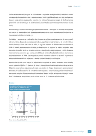 Artigos | Verão 2010




Todas as variáveis são corrigidas de sazonalidade e expressas em logaritmos dos respetivos níveis,
com exceção da taxa de juro que é apresentada em nível. O VAR é estimado com dois desfasamen-
tos para cada variável, cuja escolha assentou nos critérios habituais de seleção de desfasamentos,
juntamente com a veriﬁcação da ausência de autocorrelação dos resíduos (ver Gameiro e Sousa,
2010).

Assumiu-se que o banco central reage contemporaneamente a alterações na atividade económica e
nos preços da área do euro mas afeta estas variáveis com um certo desfasamento (impondo-se as
necessárias restrições na matriz A0).

No Gráﬁco 1 apresenta-se a estimativa dos choques de política monetária na área do euro no perí-
odo em análise. De acordo com estas estimativas, a política monetária na área do euro foi relativa-
mente restritiva durante todo o ano de 2000, no segundo trimestre de 2002 e no terceiro trimestre de
2008. O gráﬁco revela ainda que no início da área do euro os choques de política monetária eram
de maior dimensão, tendo-se tornado menores e, geralmente, negativos desde o início da pausa
no crescimento económico que ocorreu em 2003 e até à intensiﬁcação da turbulência ﬁnanceira no
segundo semestre de 2008. Os choques de política monetária tornaram-se de novo negativos no
segundo trimestre de 2009 sugerindo o retorno a uma orientação acomodatícia.

As respostas do PIB e dos preços da área do euro ao choque de política monetária estão em linha
com o esperado (Gráﬁco 2). Na área do euro, o choque de política monetária típico é de cerca de
30 pontos base na taxa de juro de curto prazo e os efeitos do choque desaparecem após cerca de 4
trimestres. O produto da área do euro diminui em resposta a um choque de política monetária con-
tracionista, atingindo o ponto mínimo cinco trimestres após o choque. A resposta dos preços é mais
lenta e persistente, atingindo um ponto mínimo cerca de 10 trimestres após o choque.



Gráﬁco 1

                    CHOQUES ESTIMADOS DE POLÍTICA
                    MONETÁRIA NA ÁREA DO EURO
                    Média móvel de três meses centrada
                                   0.4

                                   0.3
Em percentagem (taxa anualizada)




                                   0.2

                                   0.1

                                     0

                                   -0.1

                                   -0.2

                                               CEPR: pausa no crescimento    CEPR: início da
                                   -0.3        da atividade económica        recessão de 2008

                                   -0.4
                                      1998 1999 2000 2001 2002 2003 2004 2005 2006 2007 2008 2009
                                        T1 T1 T1 T1 T1 T1 T1 T1 T1 T1 T1 T1

Fontes: Gameiro e Sousa (2010) e CEPR.




                                                                                                    Boletim Económico | Banco de Portugal   39
 