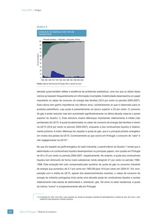 Verão 2010 | Artigos




                      Gráﬁco 8

                                 CONSUMO DE ENERGIA POR TIPO DE
                                 TRANSPORTE

                                             Aviação doméstica   Rodoviário   Ferroviário   Outro
                                       100

                                       90

                                       80

                                       70
                      Em percentagem




                                       60

                                       50

                                       40

                                       30

                                       20

                                       10

                                        0
                                         1960 1964 1968 1972 1976 1980 1984 1988 1992 1996 2000 2004

                      Fontes: Agência Internacional de Energia (AIE) e cálculos do autor.



                      elevada quota também reﬂete a existência de problemas estatísticos, uma vez que os dados desta
                      rubrica se baseiam frequentemente em informação incompleta. A eletricidade desempenha um papel
                      importante no cabaz de consumo de energia das famílias (35.5 por cento no período 2004-2007).
                      Esta rubrica tem ganho importância nos últimos anos, contrariamente ao que é observado para os
                      produtos petrolíferos, cuja quota é presentemente um pouco superior a 20 por cento. O consumo
                      de gás é ainda reduzido mas tem aumentado signiﬁcativamente na última década (veja-se o painel
                      superior do Quadro 1). Esta estrutura mostra diferenças importantes relativamente à média (não
                      ponderada) da UE15. A quota da eletricidade no cabaz de consumo de energia das famílias é menor
                      na UE15 (24.6 por cento no período 2004-2007), enquanto a dos combustíveis líquidos é relativa-
                      mente próxima. A maior diferença diz respeito à quota do gás, que é o principal produto energético
                      em muitos dos países da UE15. Contrariamente ao que ocorre em Portugal, o consumo de “calor” é
                      não negligenciável na UE1510.

                      No que diz respeito ao perﬁl energético do setor industrial, o painel inferior do Quadro 1 revela que a
                      eletricidade e os combustíveis líquidos desempenham os principais papeis, com quotas em Portugal
                      de 26 e 27 por cento no período 2004-2007, respetivamente. No entanto, a quota dos combustíveis
                      líquidos tem diminuído de forma muito substancial, tendo atingindo 41 por cento no período 1992-
                      1998. Esta evolução tem sido compensada pelo aumento da quota do gás no consumo industrial
                      de energia que aumentou de 0.7 por cento em 1992-98 para 16.9 por cento em 2004-07. Em com-
                      paração com a média da UE15, apesar dos desenvolvimentos recentes, o cabaz de consumo de
                      energia da indústria portuguesa inclui ainda uma elevada quota de combustíveis líquidos e quotas
                      relativamente mais baixas de eletricidade e, sobretudo, gás. Tal como no setor residencial, a quota
                      da rubrica “outros” é comparativamente alta em Portugal.



                      (10) A produção de “calor” inclui todo o calor produzido por centrais de produção combinada de eletricidade/calor e centrais de calor, bem como o calor
                           vendido por auto-produtores e centrais a terceiros.




80   Banco de Portugal | Boletim Económico
 